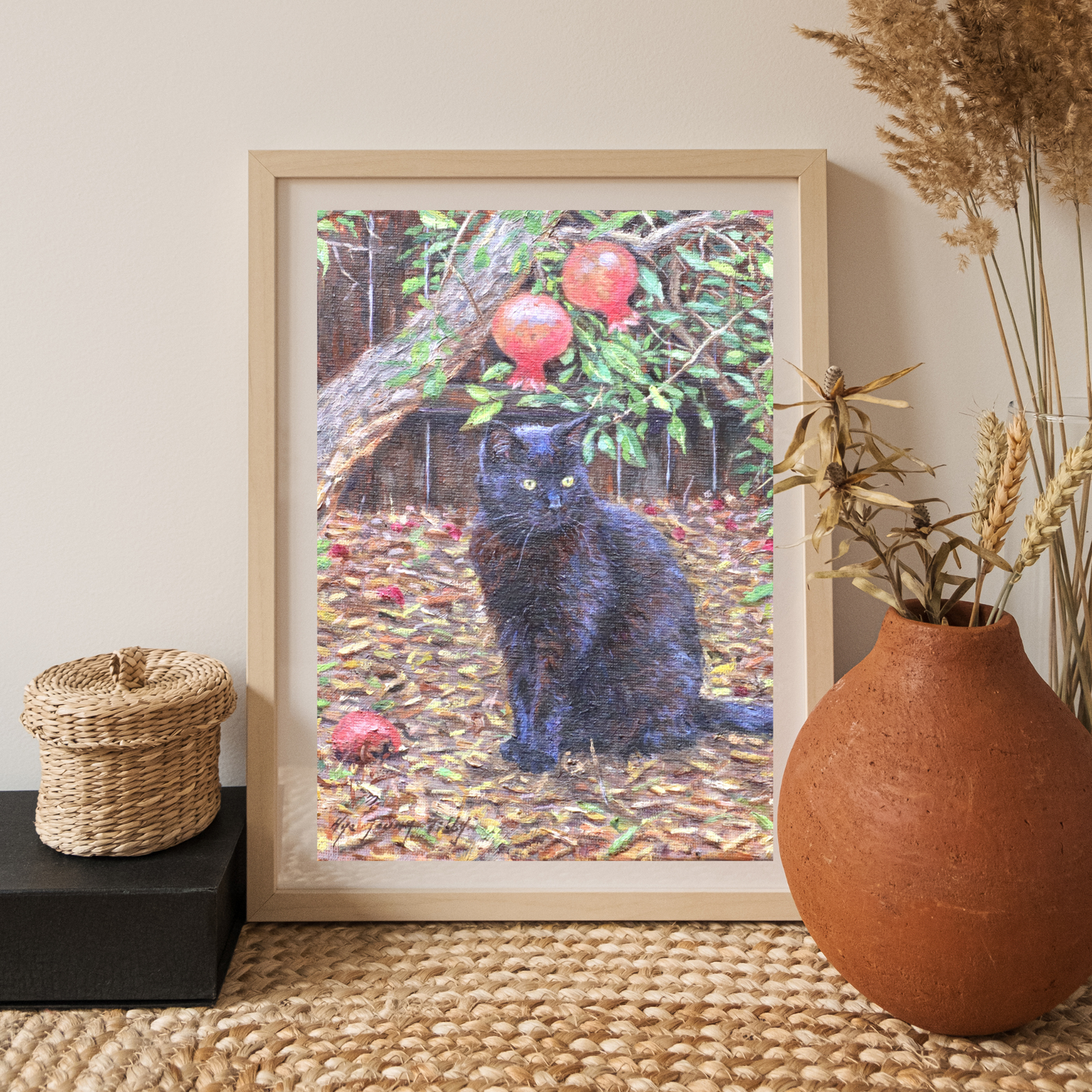 Black cat sitting by pomegranate tree(Original Oil)