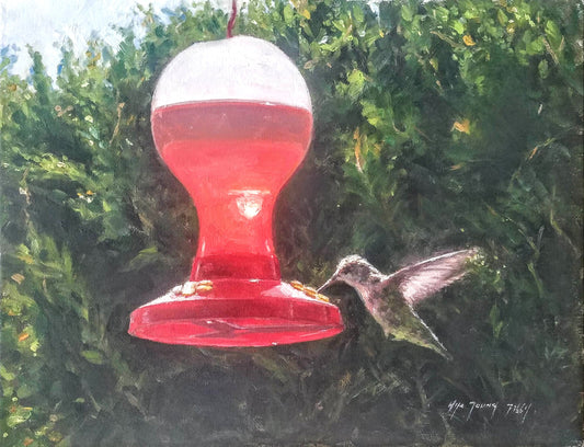 Hummingbird drinking(Original Oil/Fine Art Prints)