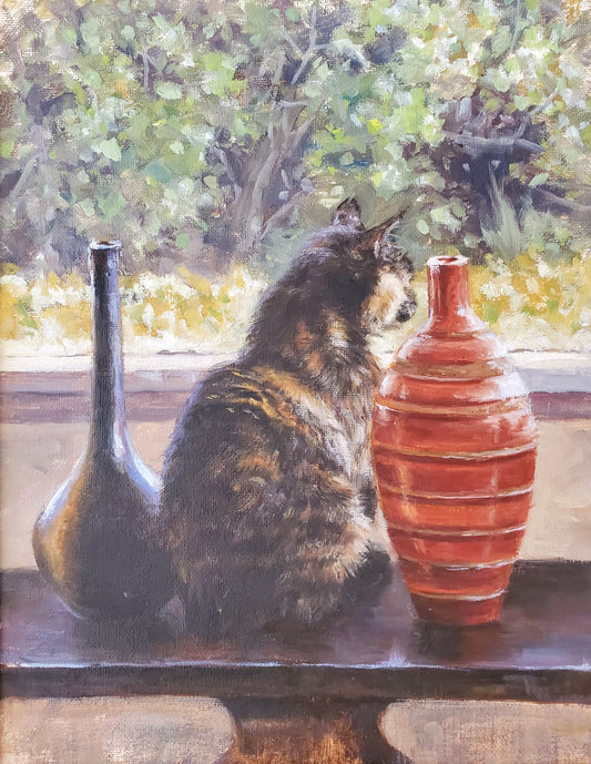 Calico Manx Cat watching Birds(Original Oil/Fine Art Prints)
