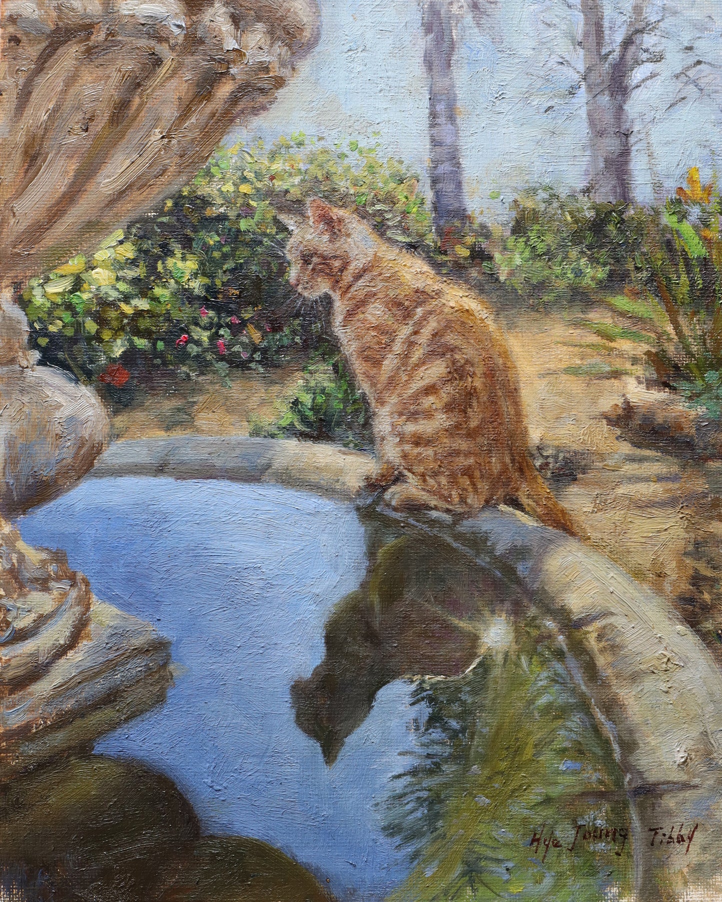 Ginger Cat On The Fountain(Original Oil)
