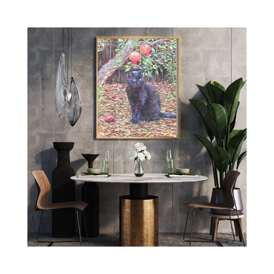Black cat sitting by pomegranate tree(Original Oil)