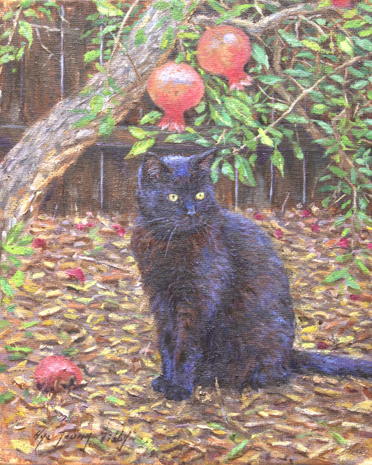 Black cat sitting by pomegranate tree(Original Oil)